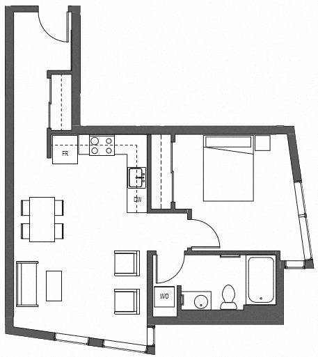 Floor plan for 1 bed, 1 bath, 669 sqft